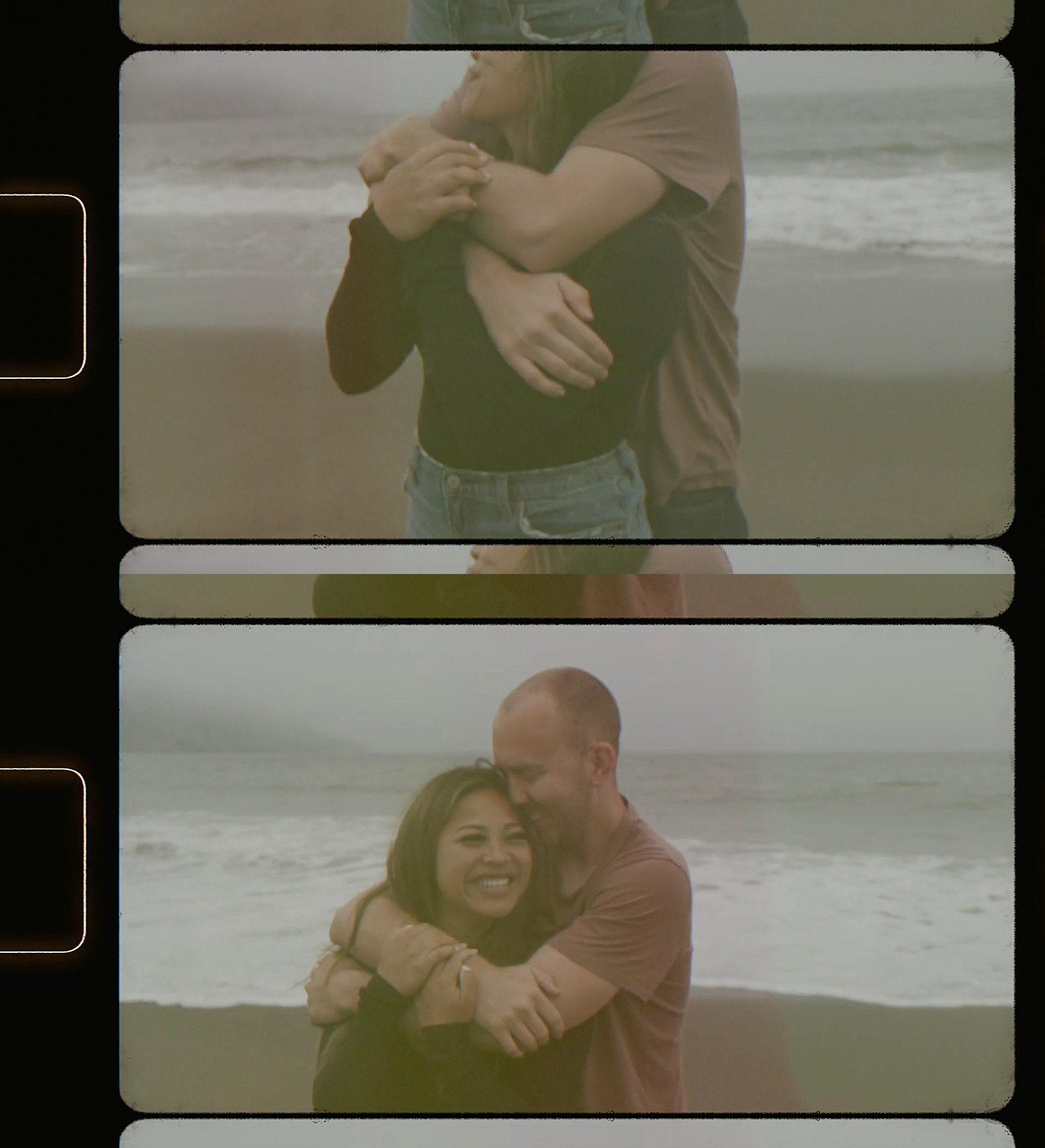 Man wrapping up woman on the beach for engagement session in California 