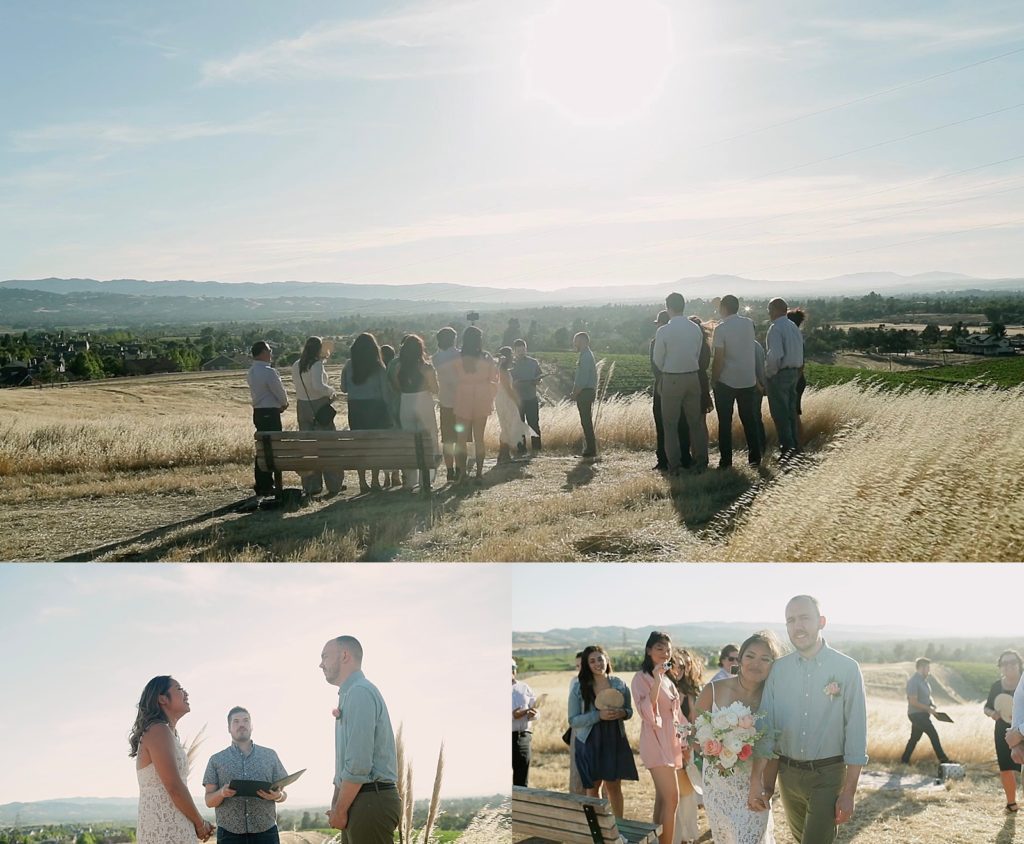 Couples elopement during COVID with their friends and family in a field 