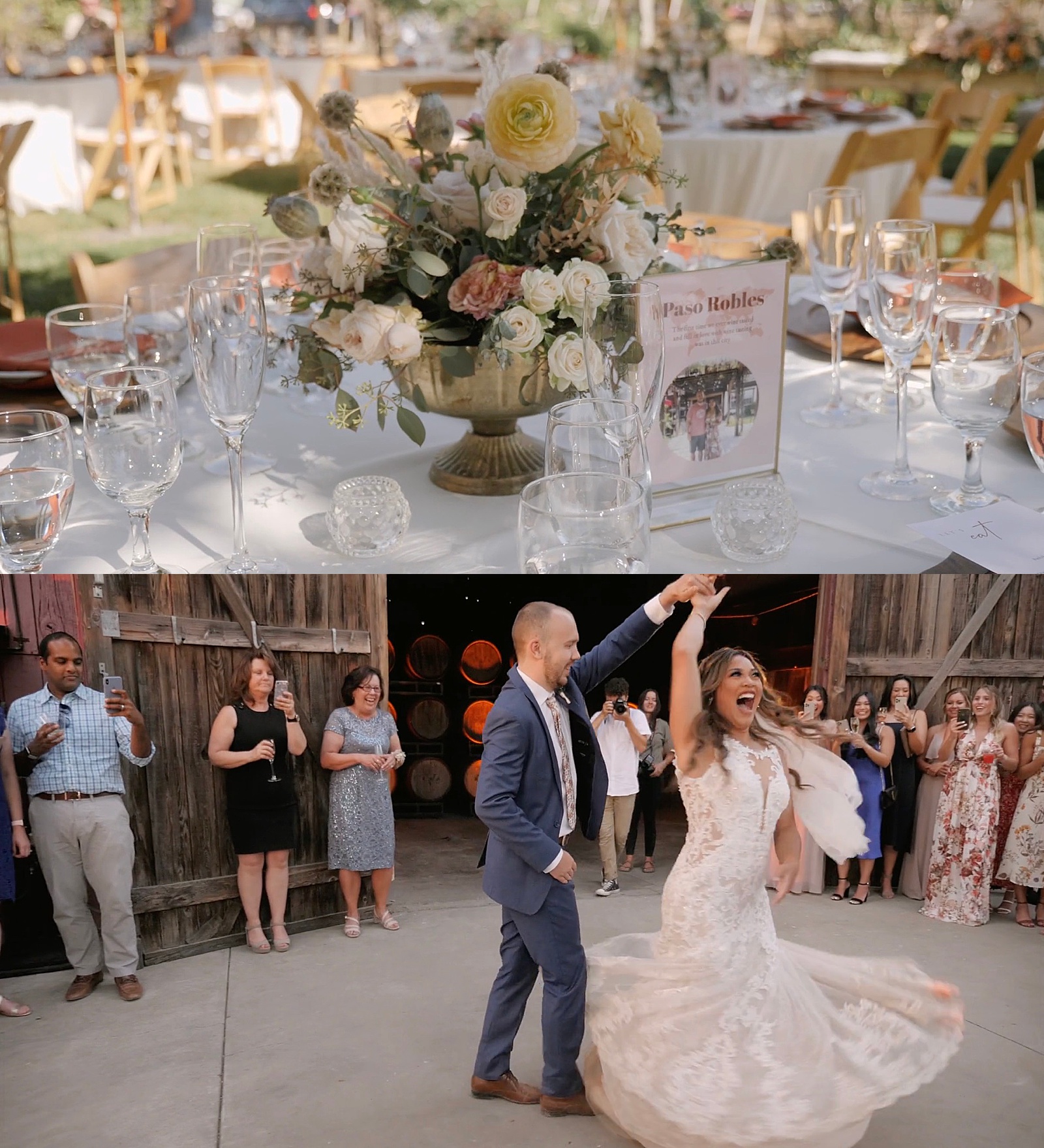 Bride and groom dancing with their guests outside a barn at BoaVentura Winery 