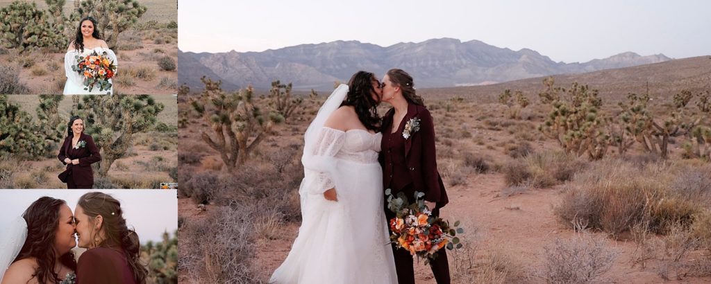 Two brides kissing in the Las Vegas desert wearing a maroon velvet suit and white wedding dress.