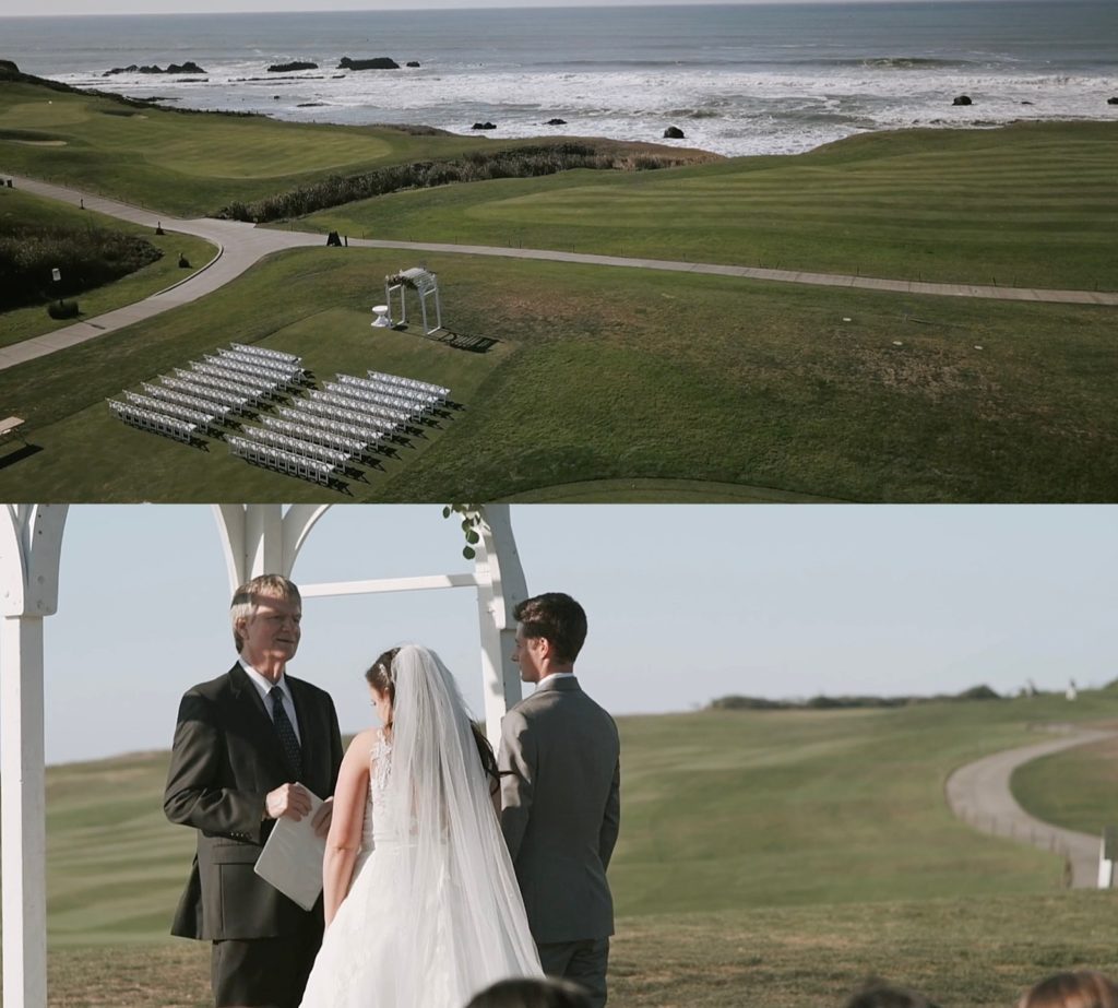 A wedding ceremony set up on a lawn next to the ocean by destination videographer Cydne Robinson Films