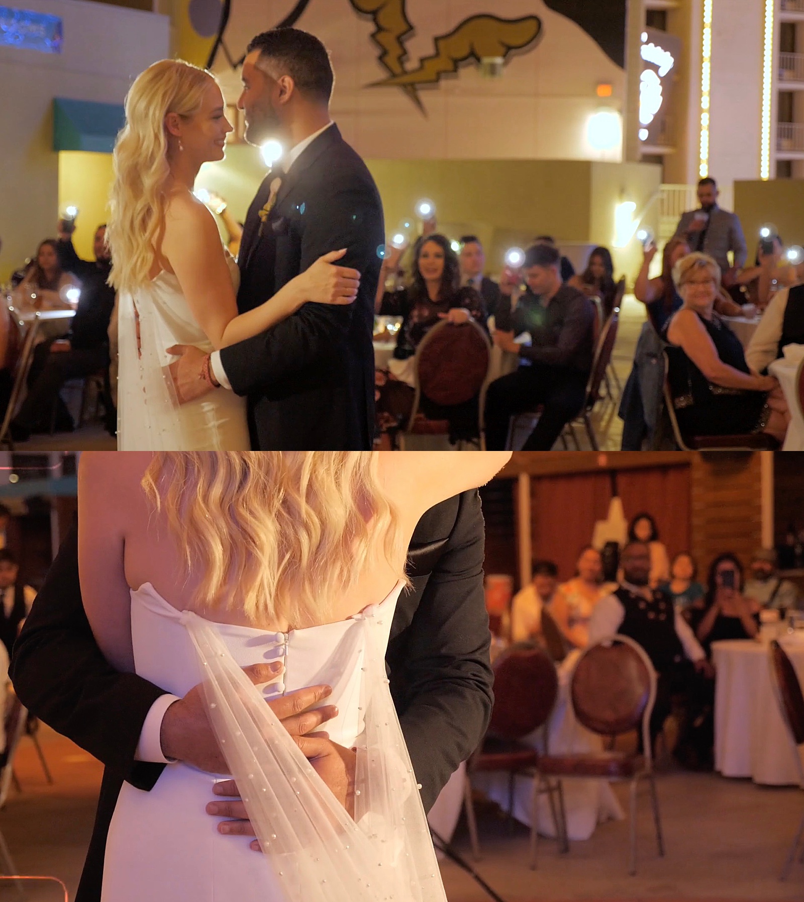 Newlyweds share a first dance at their rooftop reception.