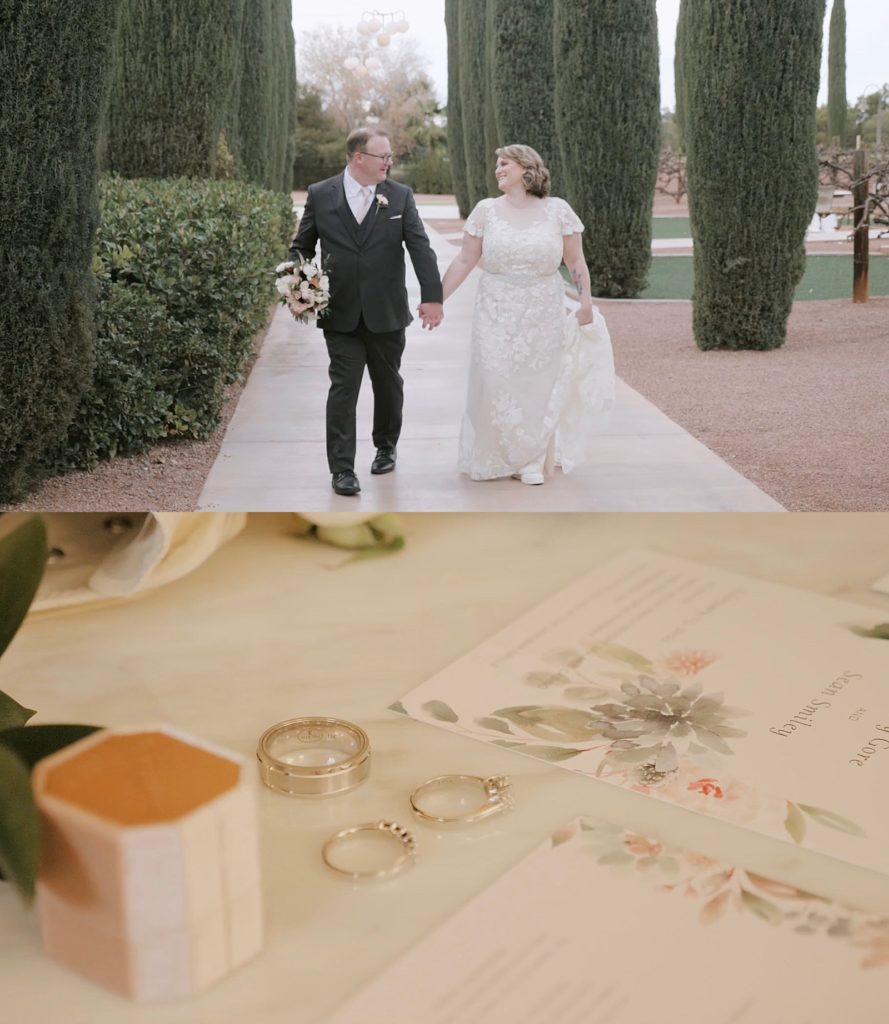 Bride and groom walking in a Vegas garden by destination wedding videographer Cydne Robinson