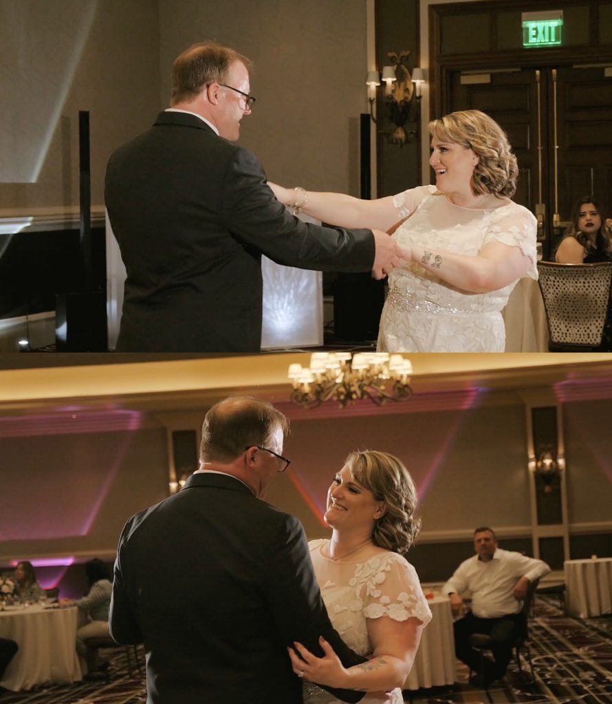 Newlyweds dance together at Las Vegas reception by Destination wedding videographer, Cydne Robinson