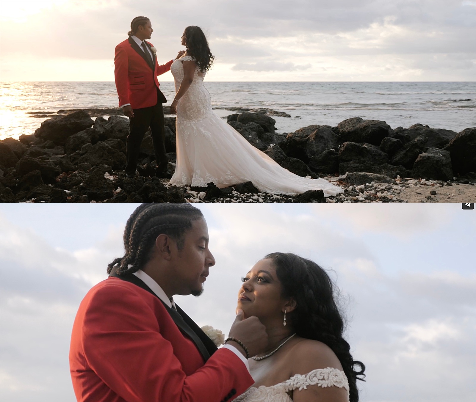 Bride and groom embracing in front of the ocean by a Destination wedding videographer