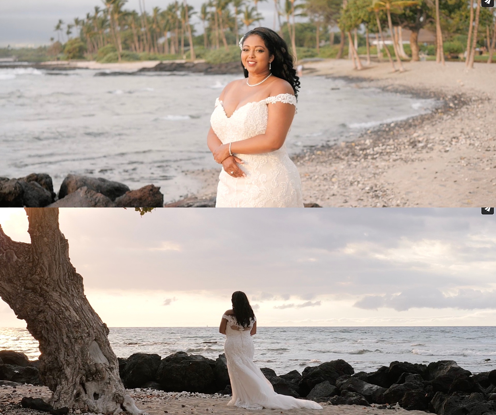 Bride standing by the ocean before her Big Island Hawaii Wedding