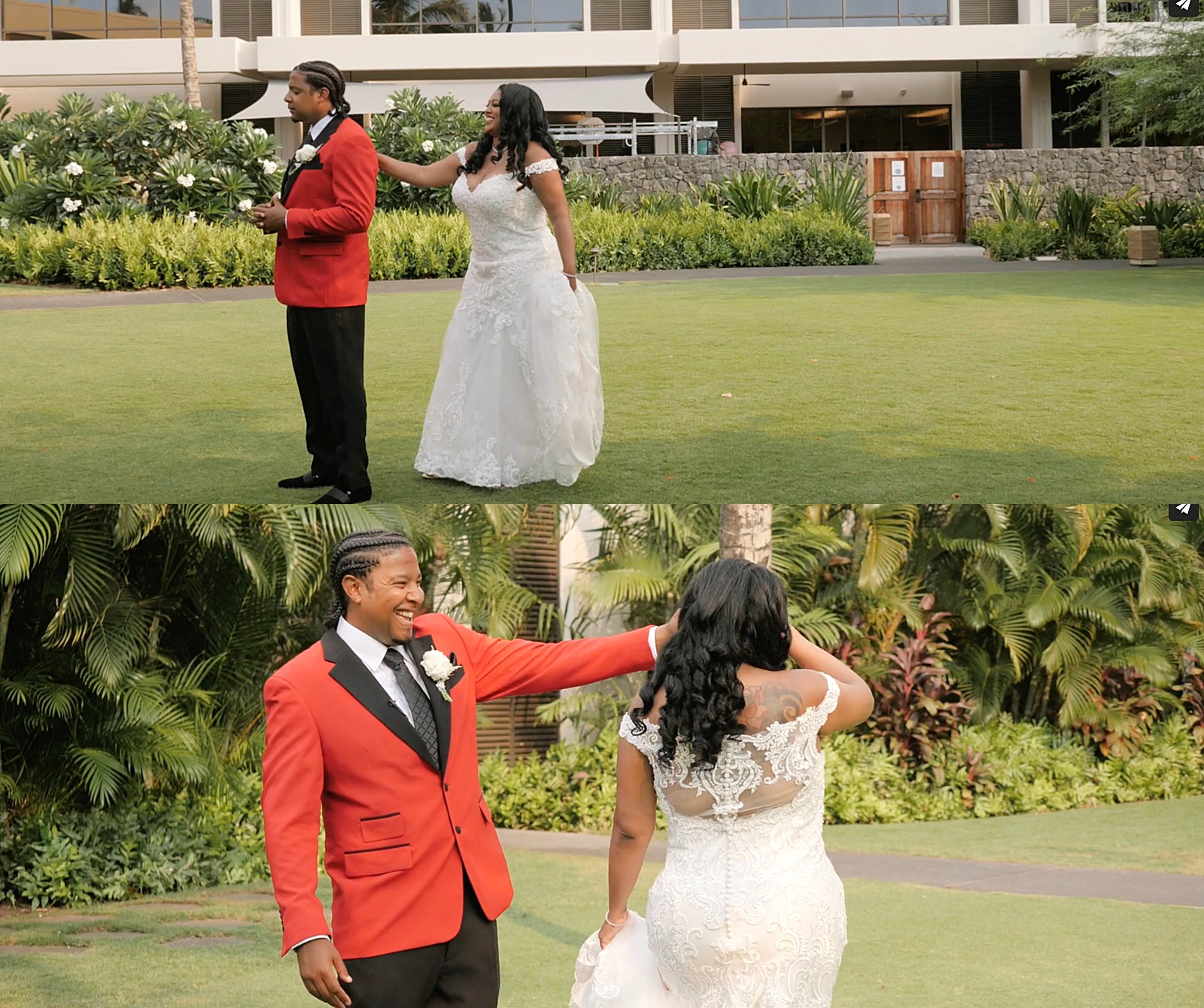 Bride and groom in red suit sharing a first look by Destination wedding videographer, Cydne Robinson 