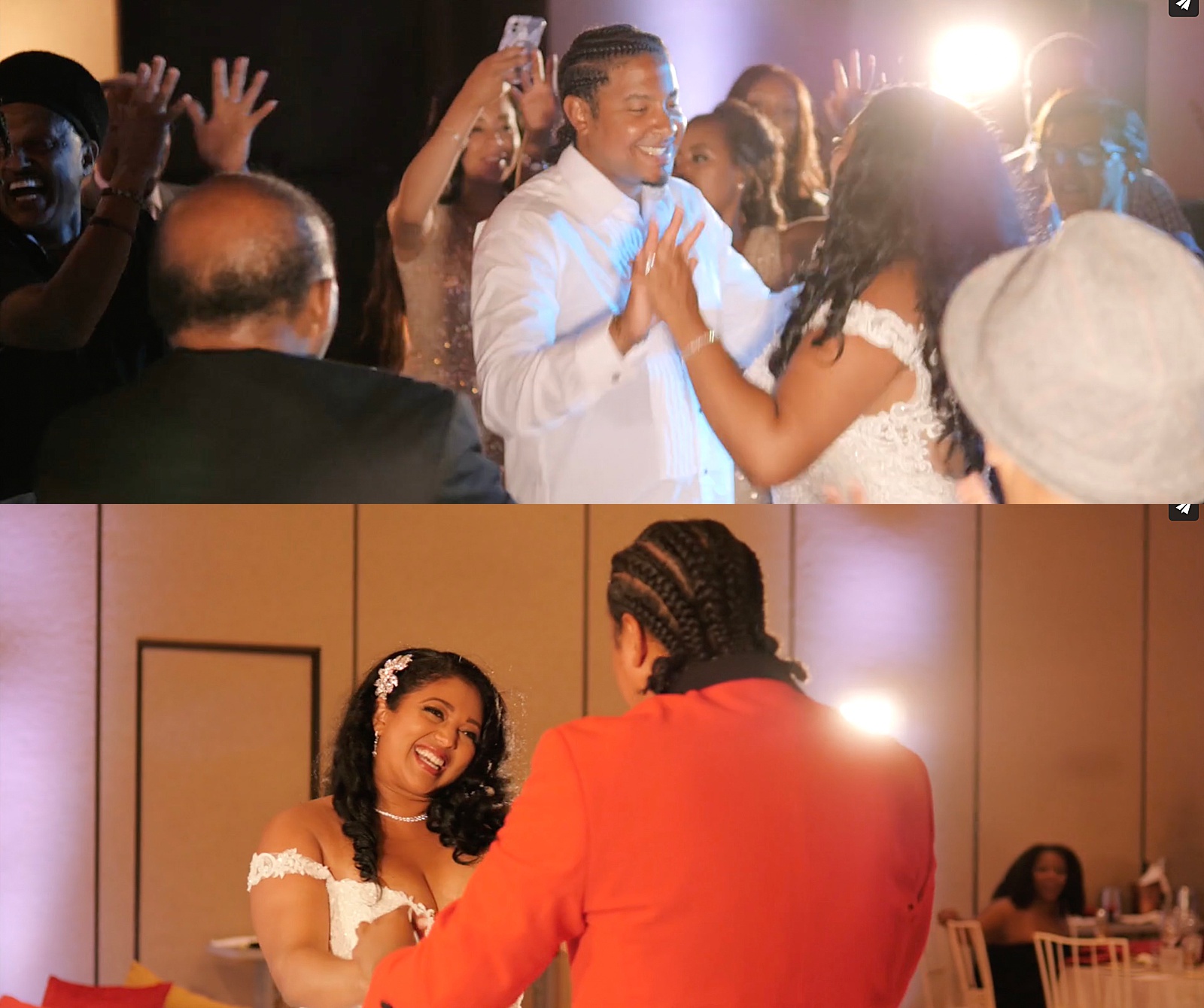 Bride and groom dance with guests at their large Hawaii wedding