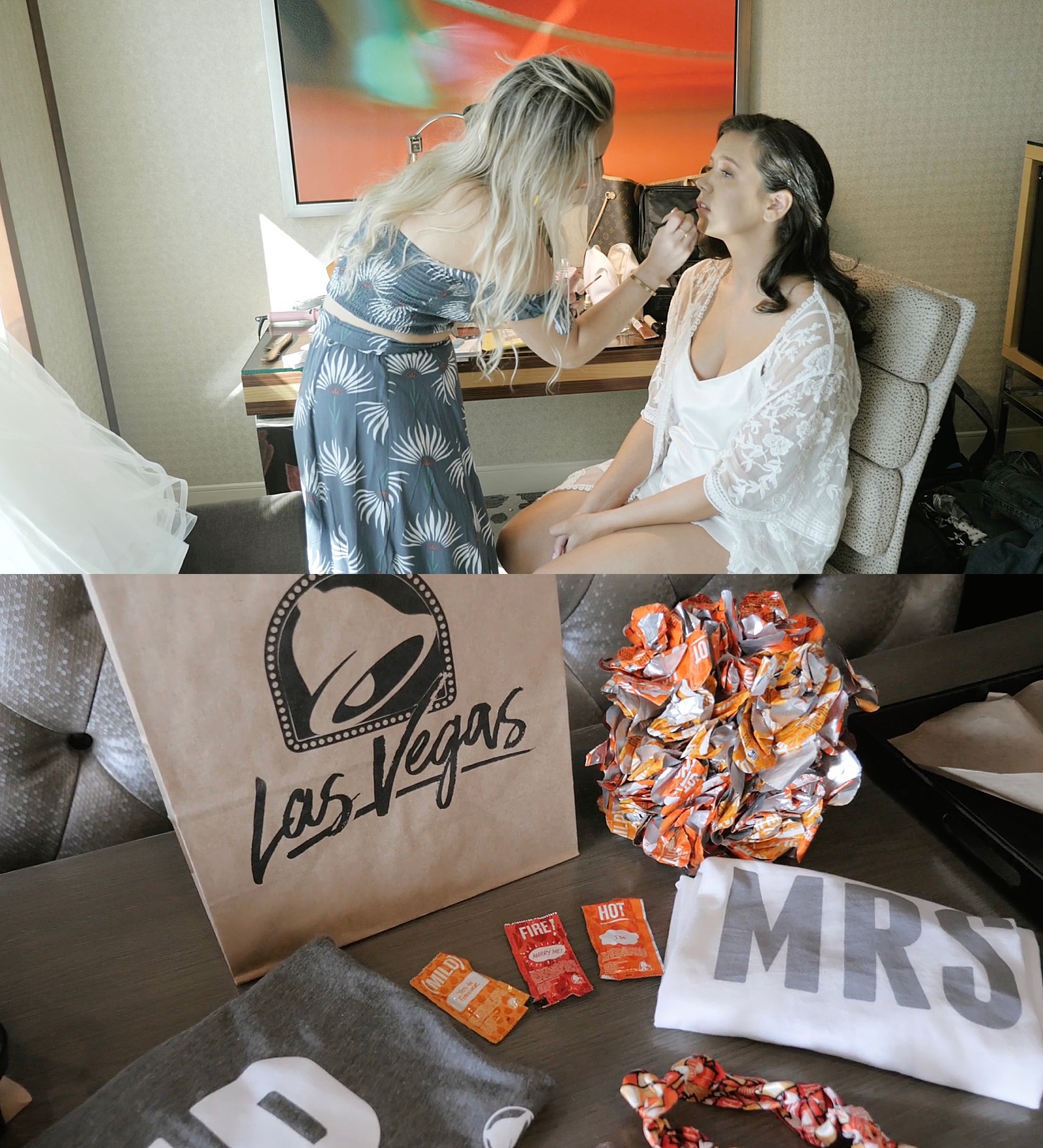 Bride getting ready for her Las Vegas Taco Bell wedding 
