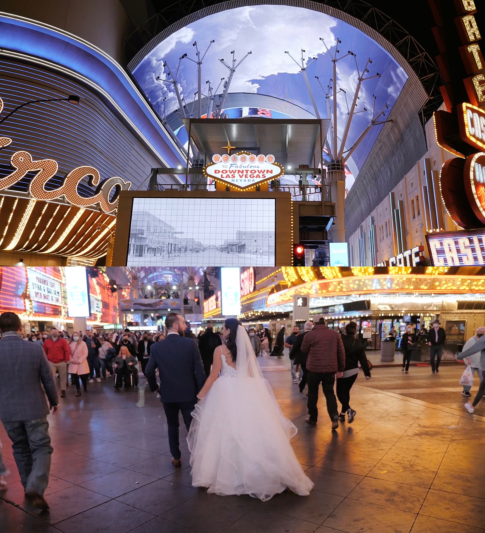 Bride and groom walking down the strip together by Dallas wedding videographer Cydne Robinson