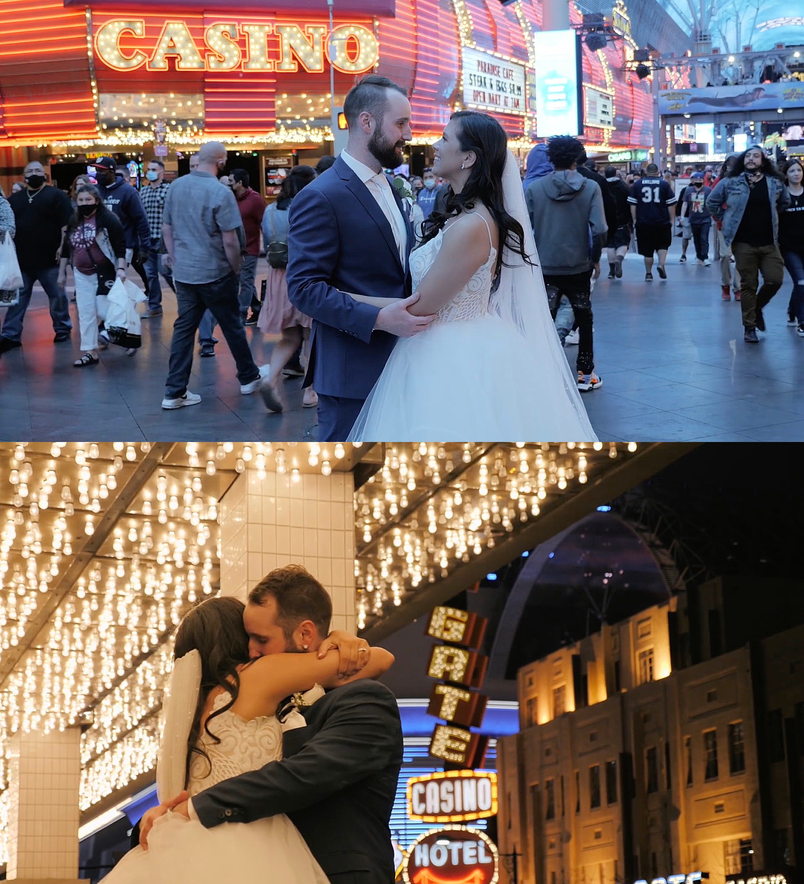Bride and groom hugging under the lights on the strip 