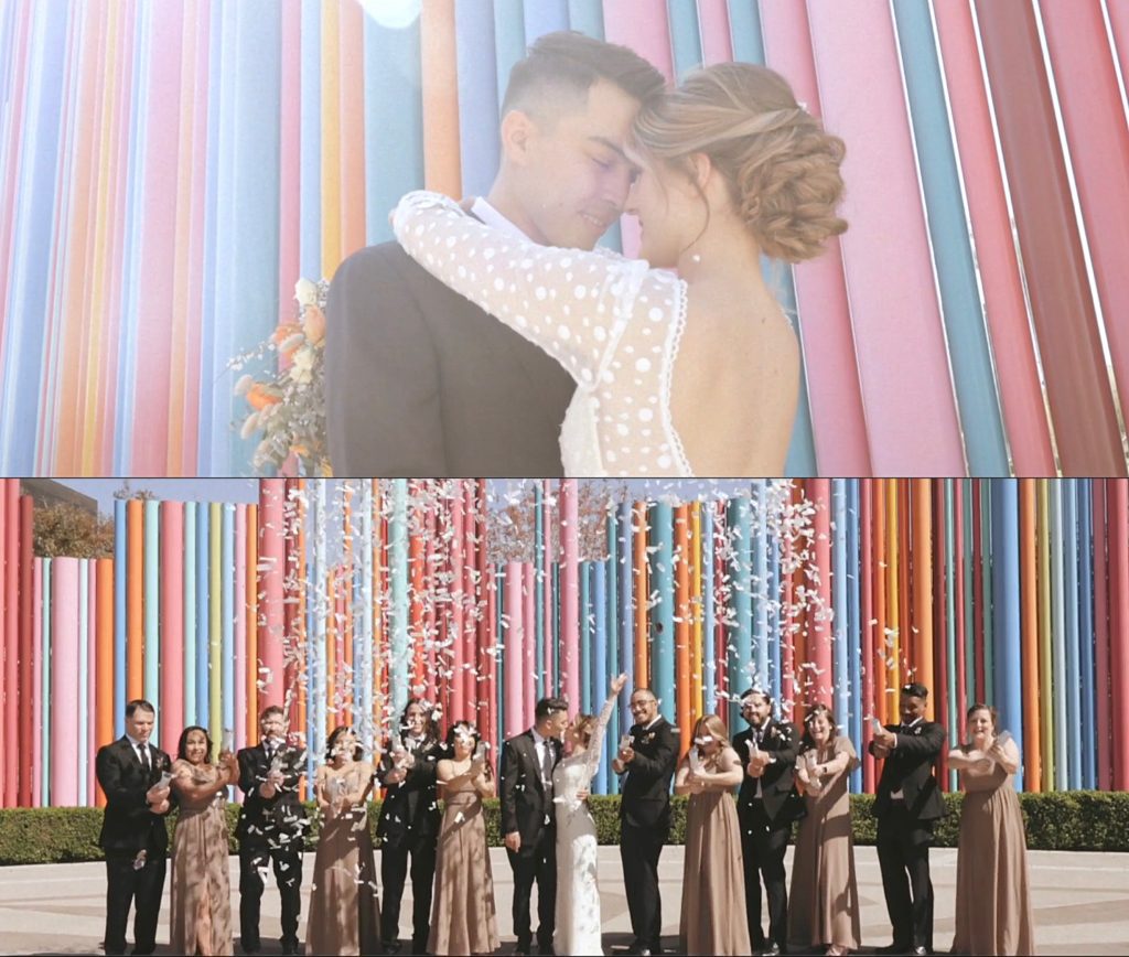 Bride and groom in front of colorful wall by destination wedding videographer Cydne Robinson 