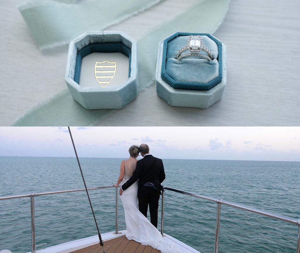 Bride and groom embrace on a boat before their ceremony by Destination wedding videographer