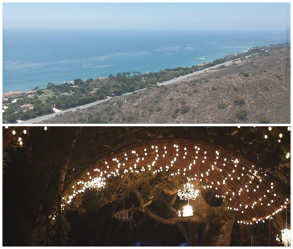 ocean coastline and chandelier lit tree at Malibu ranch wedding