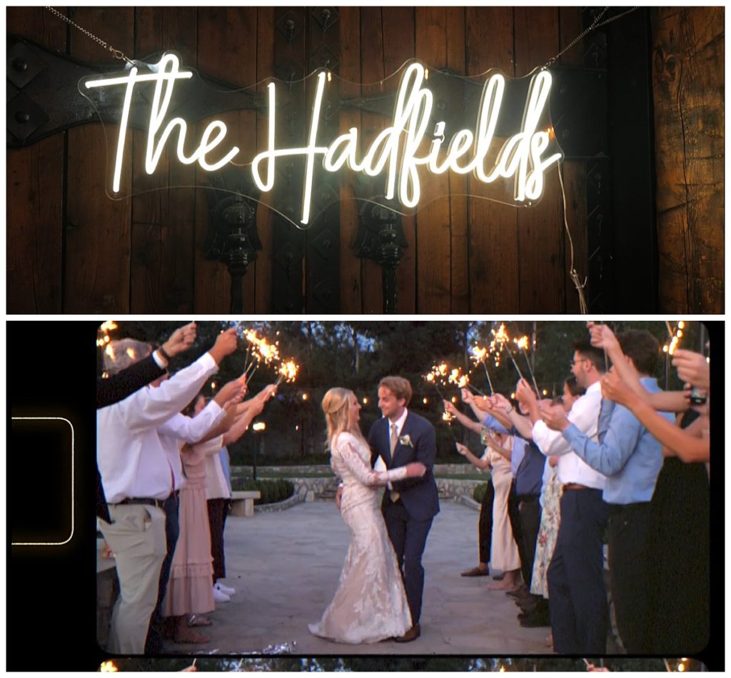 Neon sign and  couple embracing surrounded by sparklers at Utah temple wedding