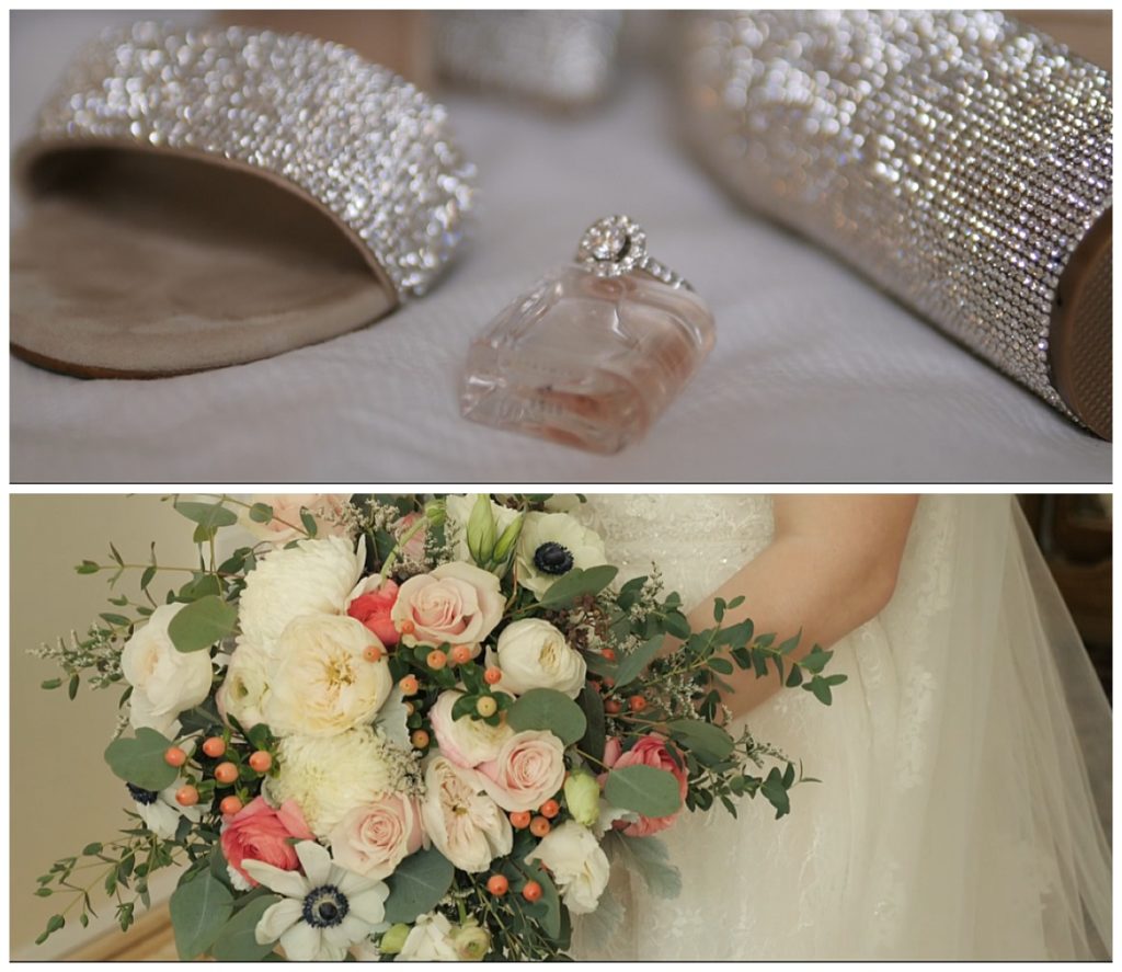 bridal ring, shoes, and bouquet by Dallas wedding videographer