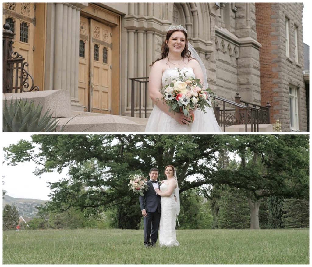 bride with beautiful bouquet in front of cathedral at Salt Lake City wedding