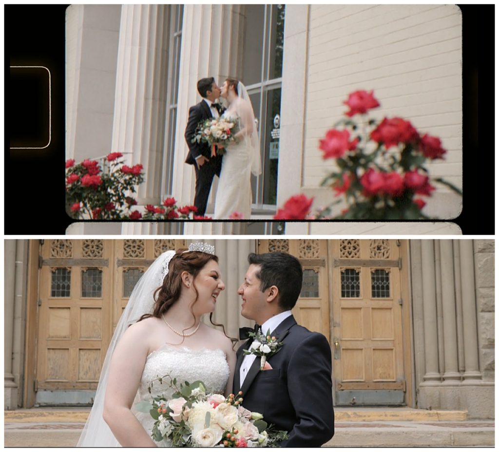 couple stands together outside cathedral by Dallas wedding videographer