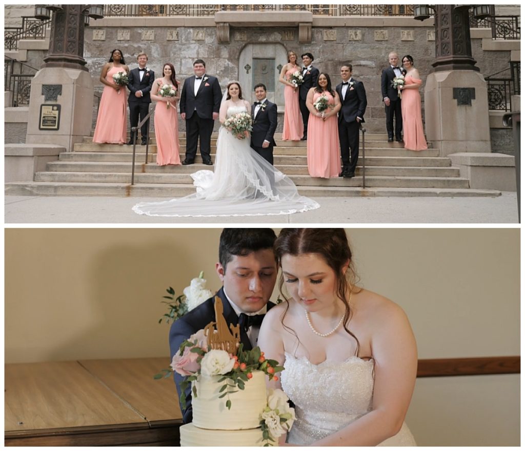 couple cuts cake and bridal party gathers on steps by Cydne Robinson Films