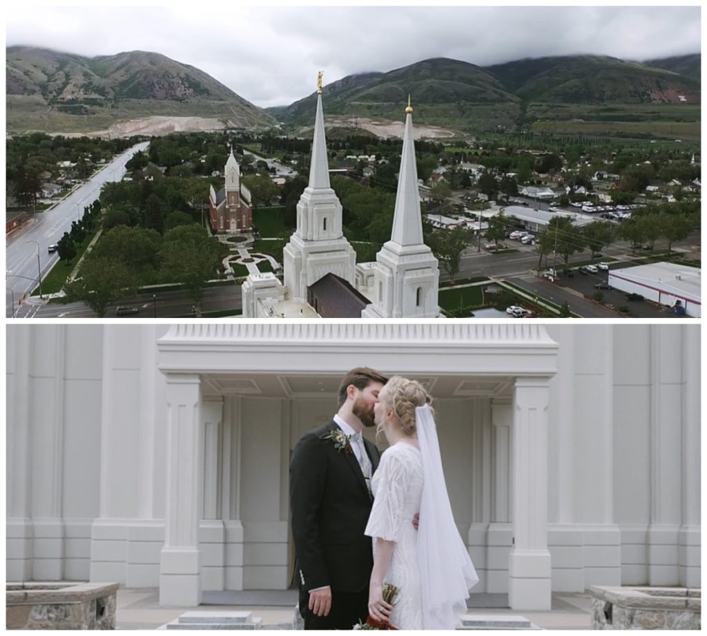 temple and couple kissing for Antelope Island Wedding