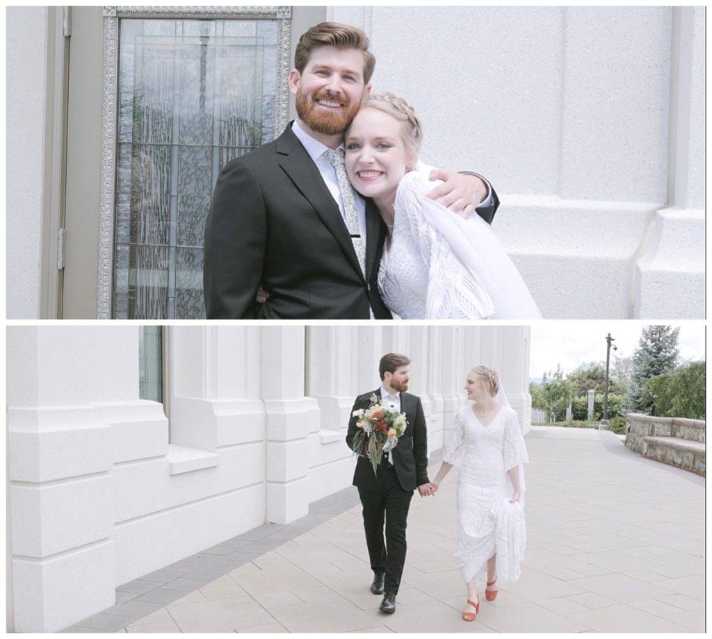 newly married husband and wife walk together by destination wedding videographer