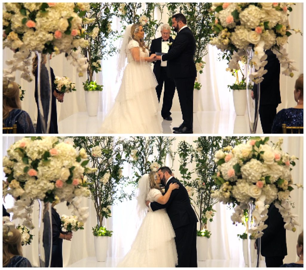 bride and groom kiss for Dallas wedding videographer