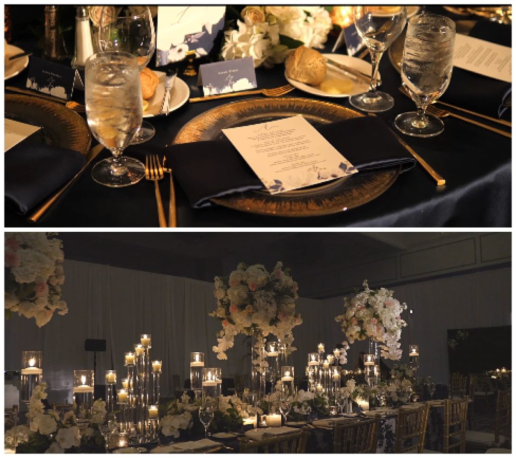 reception place settings and flowers by Dallas wedding videographer