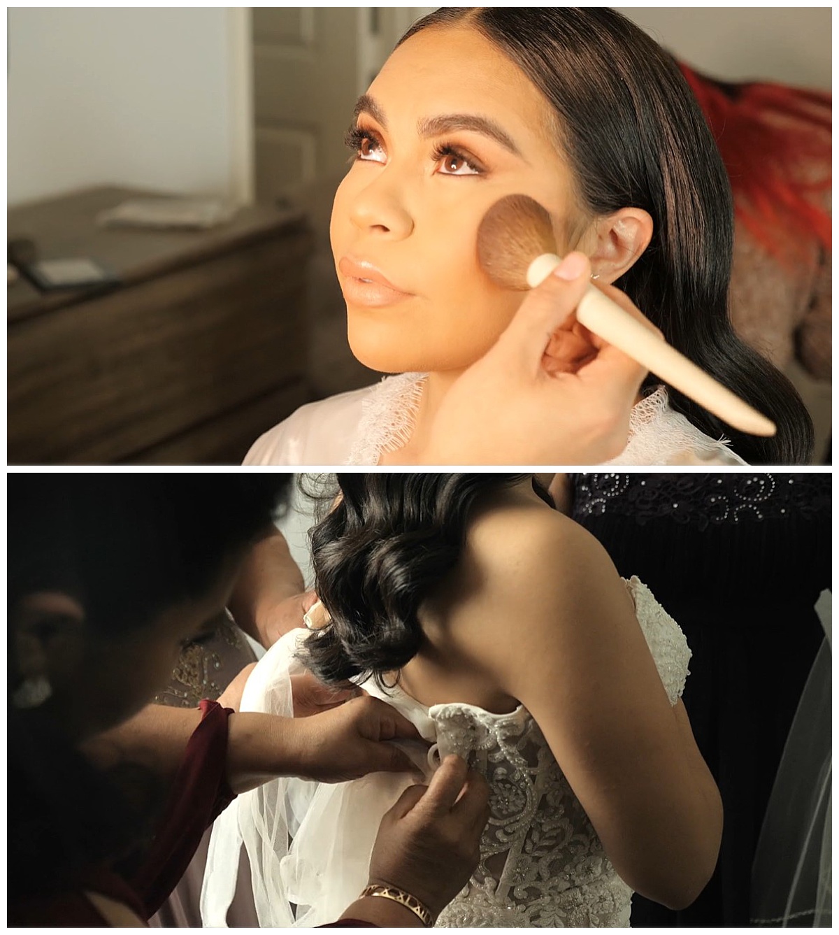 Bride does makeup and puts on dress for  cathedral ceremony